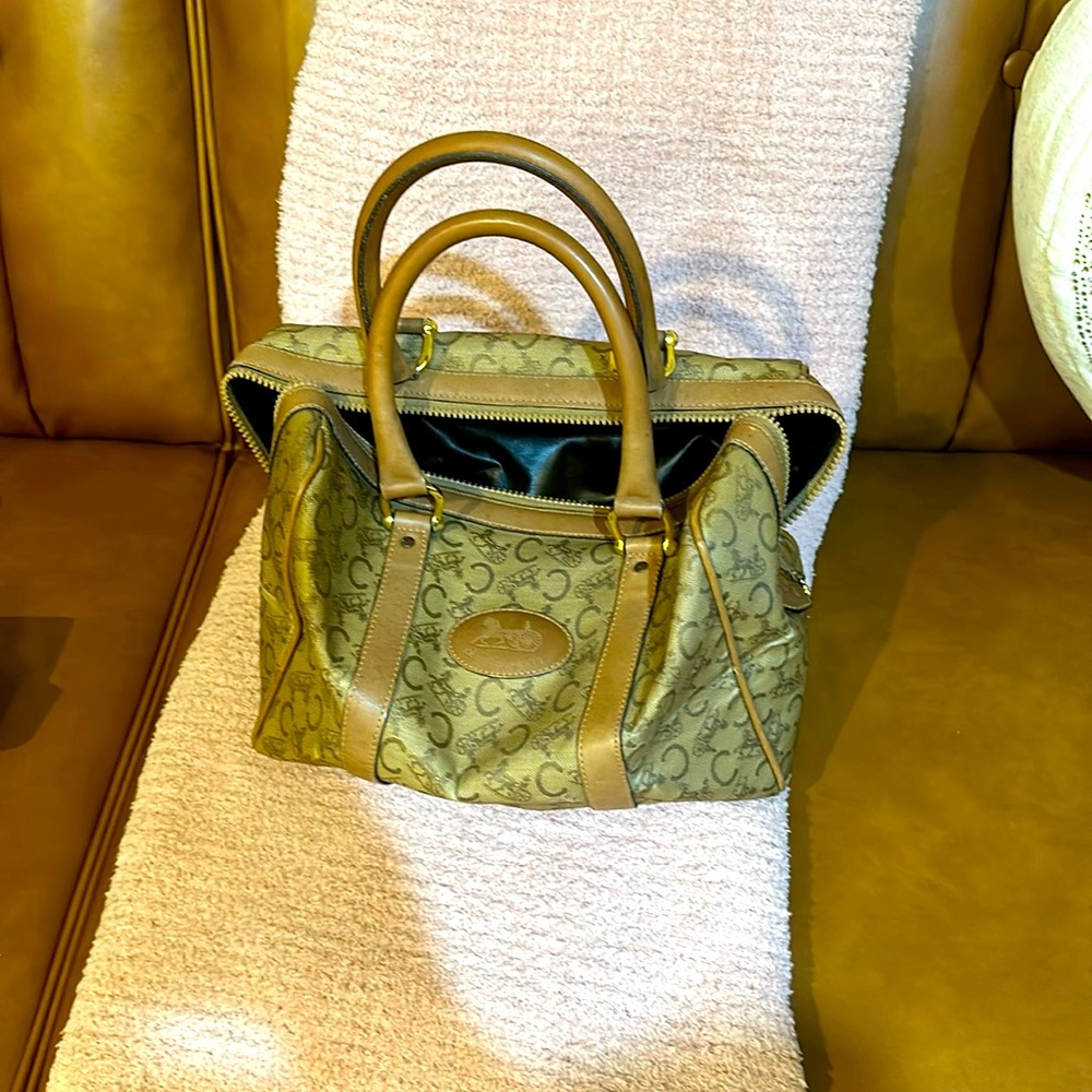 Authentic CELINE C Horse Carriage Hand Boston Bag PVC Leather Beige